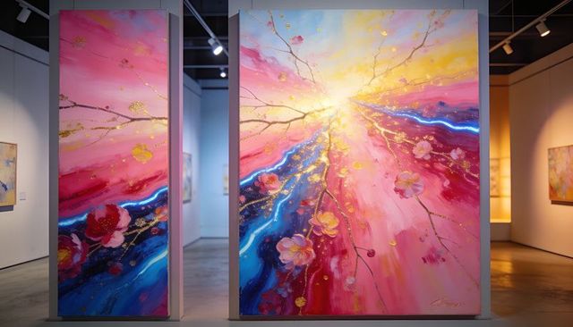 Radiant floral abstraction featuring gold-leaf accents and electric blue vein in gallery