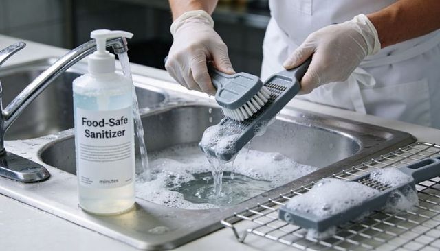 Food-safe sanitizer with gloved hands scrubbing gray brushes at stainless kitchen sink