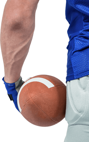 Transparent image athlete holding american football close view