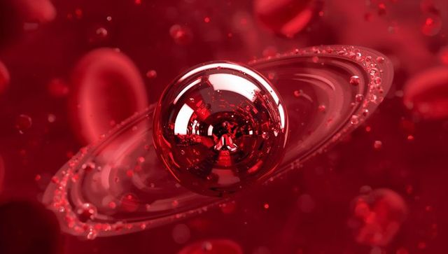 Floating glossy red orb with liquid ring and droplet halo, abstract macro render