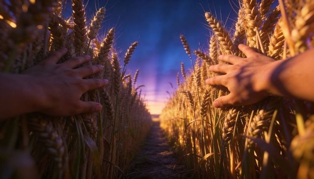 Hands brushing wheat closeup at golden hour along narrow path leading to sunset sky