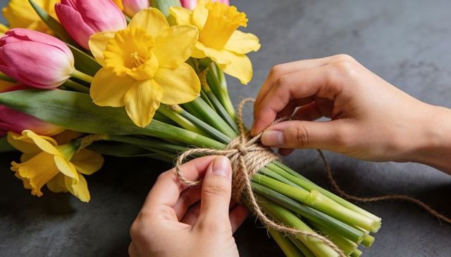 Hands tying rustic tulip and daffodil bouquet with jute twine on dark tabletop