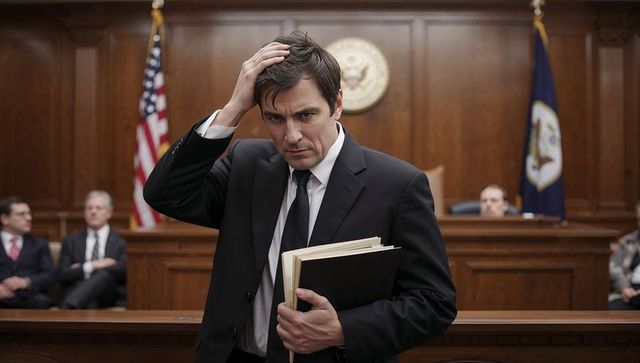 Worried lawyer scratching head while holding case files in courtroom