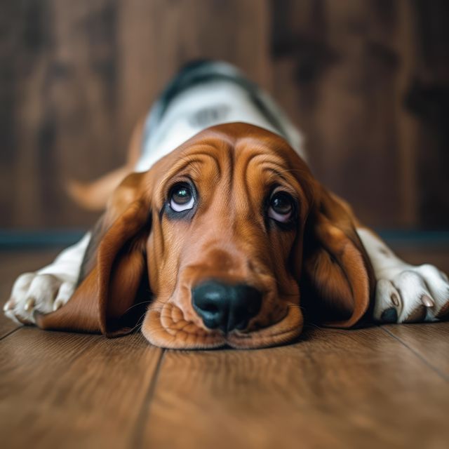 The image shows a cute Basset Hound dog lying on a wooden floor indoors, with a sad expression on its face. This can be used in content promoting animal adoption, pet care products, or veterinary services. The emotional appearance of the dog makes it ideal for advertisements emphasizing empathy, comfort, and companionship.