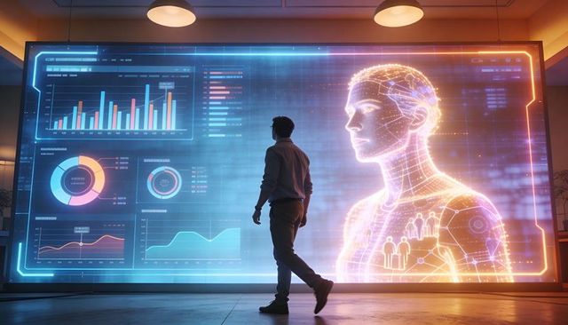 Businessman Studying Holographic AI Avatar and Interactive Data Dashboard in Futuristic Lab