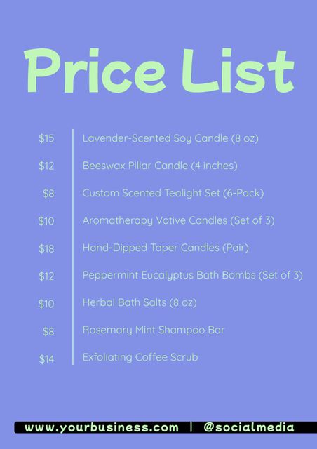 A well-organized price list for small business services. The pastel, soothing colors make it easy to locate product information and prices. Perfect for various businesses needing a clear, aesthetically pleasing price list flyer for advertising their offerings.