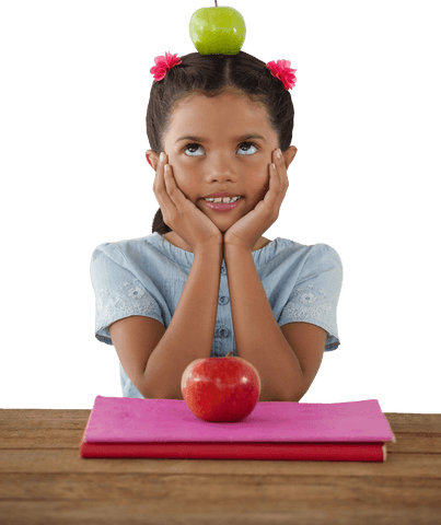transparent cutout of girl balancing granny smith apple on head, resting chin on hands - Download Free Stock Videos Pikwizard.com