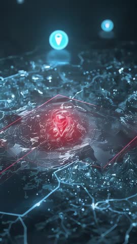 Vertical 3D map revealing glowing red location pin rising and pulsing on digital network