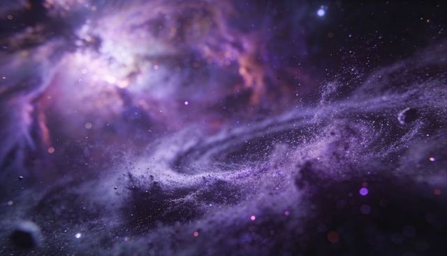 Spiral purple nebula swirling with stardust and violet gas clouds for sci-fi design