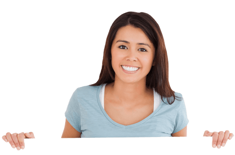 smiling brunette holding transparent sign showing empty space - Download Free Stock Videos Pikwizard.com