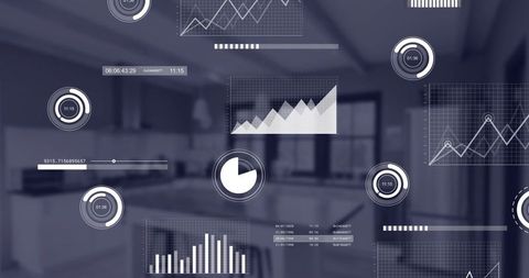 Futuristic HUD data dashboard overlaying modern kitchen interior with charts and graphs
