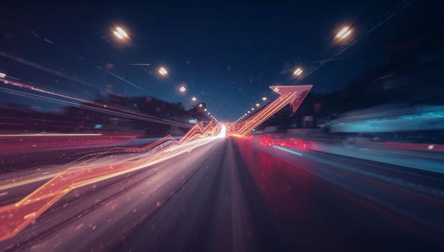 Futuristic arrow light trails on urban highway at night