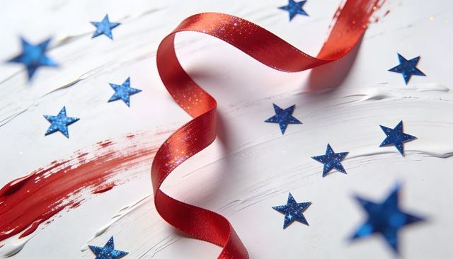 Curled red satin ribbon and blue star confetti with red paint smear for patriotic decor