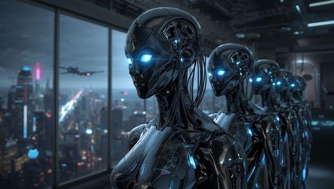Futuristic humanoid robots in urban skyline context