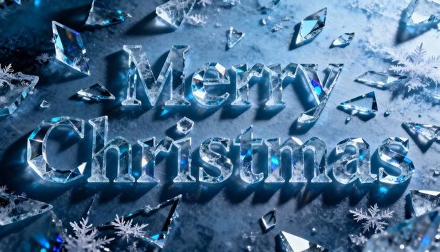 Crystal merry christmas typography on frosted blue backdrop with shards and snowflakes