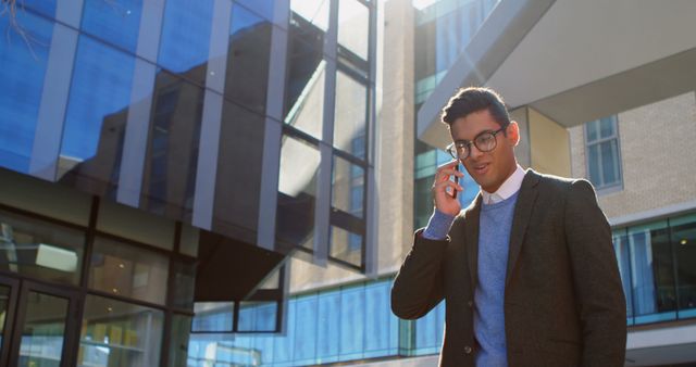 Young professional in formal business attire talking on smartphone outside office building in urban setting. Perfect for business, technology, communication themes, and corporate lifestyle content.