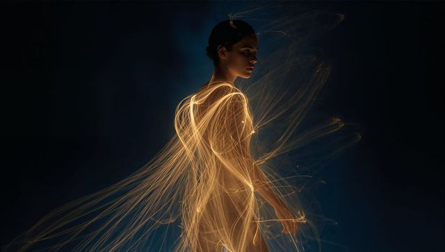 Ethereal woman wrapped in flowing golden light strands, motion blur fiber-optic ribbons