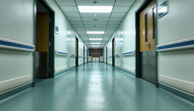 Empty hospital corridor leading to exit with blue handrails and wooden doors, clinical teal tones