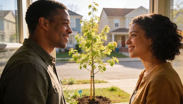 Smiling couple admiring newly planted sapling at suburban doorstep in warm sunlight