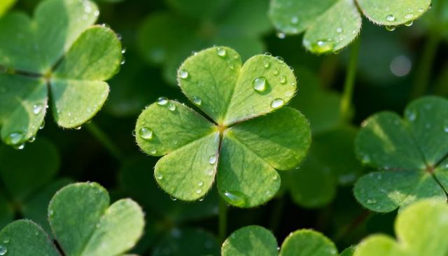 Macro Four-Leaf Clover with Dew Drops Closeup Green Luck Natural Texture Sunlit Moisture