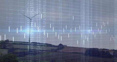 Wind Turbine with Financial Data Overlay on Farmland Scene