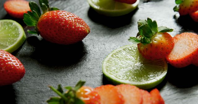 This vibrant composition of fresh strawberries and lime slices on a dark surface is perfect for use in food blogs, healthy eating articles, smoothie recipes, and diet and nutrition websites. The contrast between the bright fruit and the dark background creates an eye-catching image that emphasizes the freshness and juiciness of the fruits.