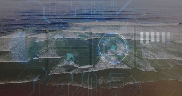 Futuristic Aerial View of Ocean Waves with Digital Tech Overlay