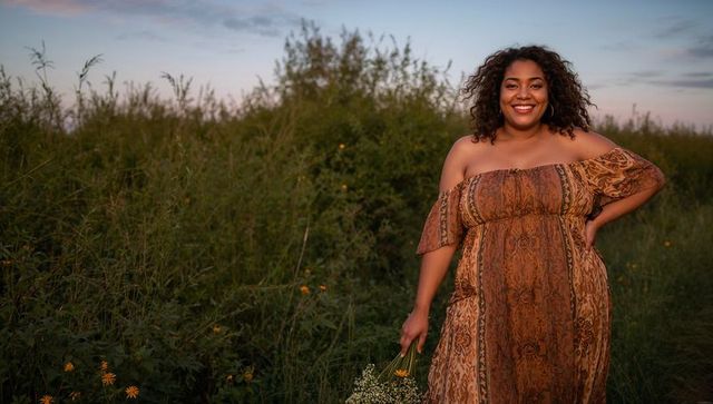 Smiling woman wearing boho off-shoulder maxi dress holding wildflower bouquet at sunset