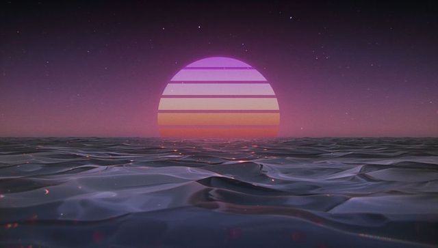 Retro-futuristic ocean seascape at twinkling nightfall