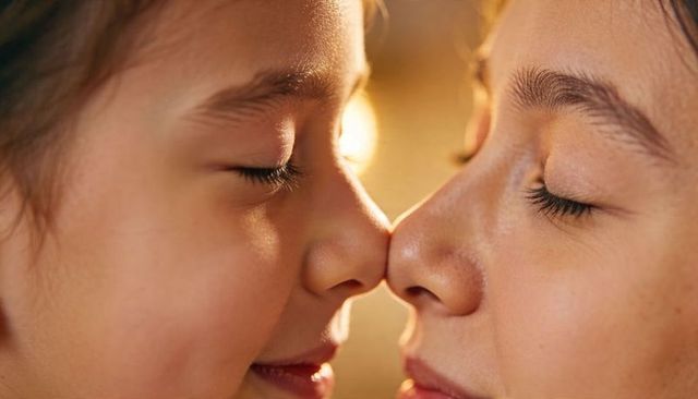 Mother and daughter touching noses golden backlight intimate family moment closeup bokeh