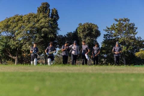 Diverse male cricket team walking across sunlit park field carrying bats and pads