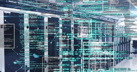Streaming code overlays on data center server racks background