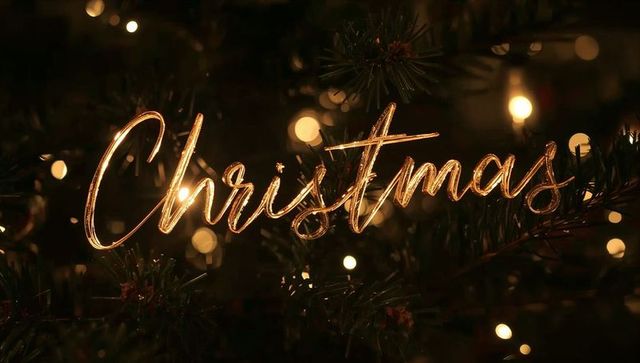Golden cursive christmas sign glowing on evergreen branches with warm bokeh lights, pine cones