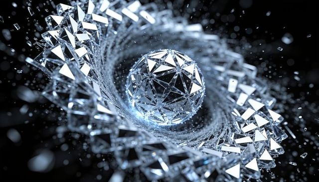 Rotating faceted crystal orb reflecting cool blue light with spiral of shards and torus