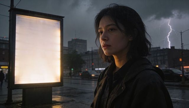 Young woman standing in rainy urban night watching traffic under lightning and lit billboard