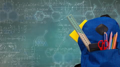 Backpack With School Supplies and Equations Background