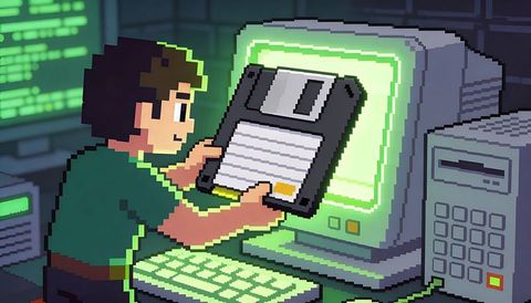 Pixel-art retro enthusiast inserting floppy disk into glowing crt computer workstation