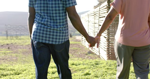 Mid section of senior african american couple holding hands and walking in sunny garden. Retirement, fitness, wellbeing, summer and active senior lifestyle, unaltered.