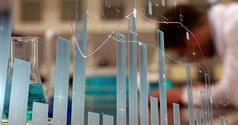 Augmented reality data visualization projecting 3d charts over lab bench and flask