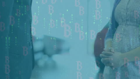 Digital Bitcoin Symbol Overlay on Business People Background