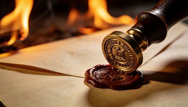 Vintage Wax Seal Being Stamped on Parchment Envelope with Firelight Glow