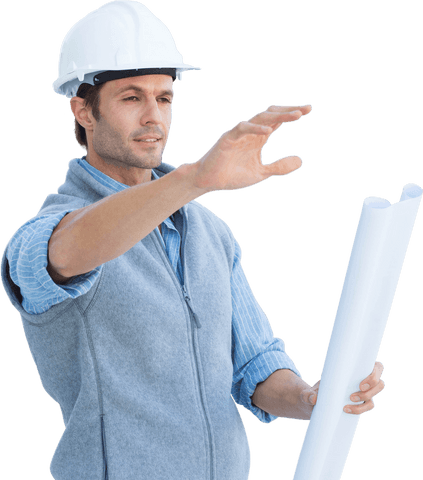 caucasian male architect holding blueprints wearing helmet on transparent background - Download Free Stock Videos Pikwizard.com