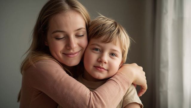 Tender mother embracing young son near window showing warmth, love, and comfort