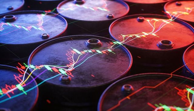 Crude oil market volatility visualizing neon candlestick charts over metal oil barrels