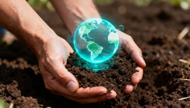 Hands holding soil nurturing holographic earth globe for sustainable growth and ecology