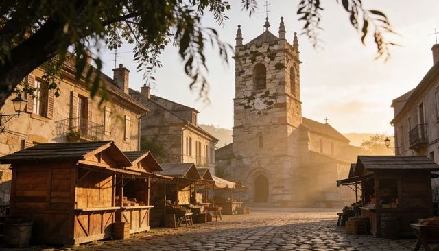 Sunlit medieval church tower bathing cobblestone market with wooden stalls at golden hour
