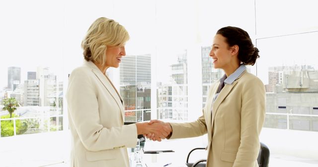 Businesswomen Shaking Hands in Bright Modern Office - Download Free Stock Images Pikwizard.com