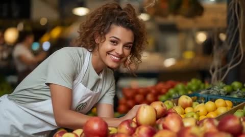 Hispanic Clerk Arranging Fresh Produce in Retail Setting
