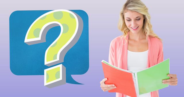 Image of green question mark over speech bubble and caucasian female teacher. trivia day, education and learning concept digitally generated image.