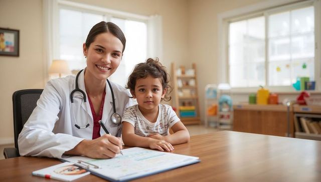 Smiling friendly pediatrician charting with young child at clinic desk during well checkup
